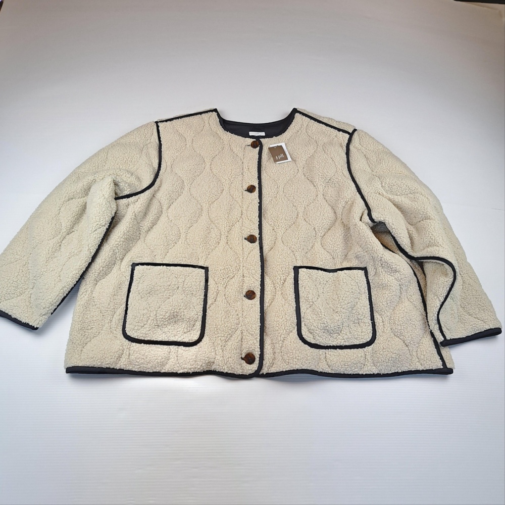 J Jill Jacket Womens 4X Beige Quilted Fleece Button Front Collarless Cozy Short